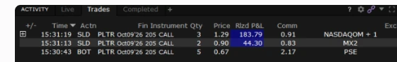 Výpis kolegy z Interactive Brokers: opce PLTR, realizovaný zisk